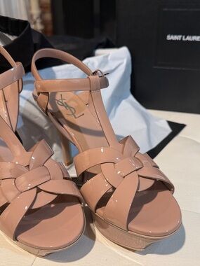 Saint Laurent Blush Patent Leather Woven T-Strap Platform Heels